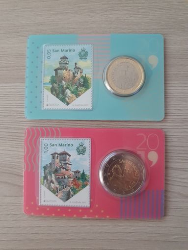 Сан Марино Два блистера 2019 года. 2 евро с маркой и 1 евро с маркой