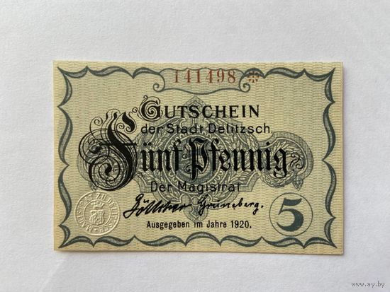 Нотгельд 5 пфеннигов Делицх. Веймарская республика - 1602