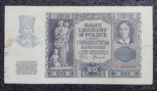 20 злотых Польша 1940 г. (Краков, оккупация)