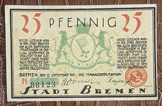 Нотгельд 25 пфеннигов 1921 год. Бремен,. Веймарская республика