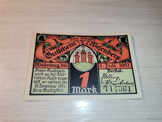 Нотгельд номиналом 1 марка , 1921 года, город Весенберг, Германия.