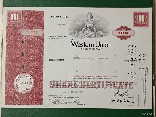 РАСПРОДАЖА КОЛЛЕКЦИИ. Акция Western Union telegraph company 1966 г.