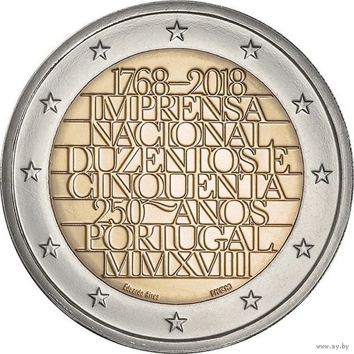 2 евро Португалия 2018 250 лет официальной типографии UNC из ролла