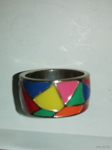 Широкое (1 см) кольцо 18 разм. Эмаль, серебро(?)