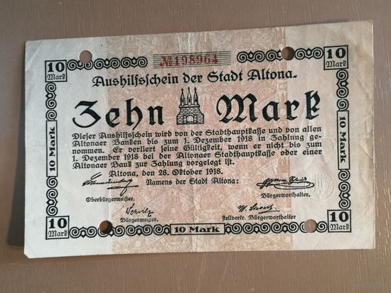 Германия, 10 марок, 1918 год, Альтона Hamburg (HAM), 012.05., B3, В/з Kreuzmaander