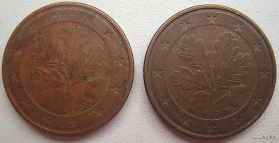 Германия 5 евроцентов 2002 г. (A) (D) (F). Цена за 1 шт.
