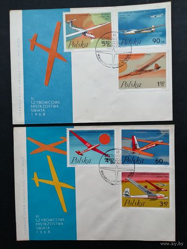 Польша 1968 Два КПД с полной серией марок "XI чемпионат мира по планерному спорту в городе Lissa (Leszno)" (спецгашение) Mi.1846-1851 каталог 4.50 евро