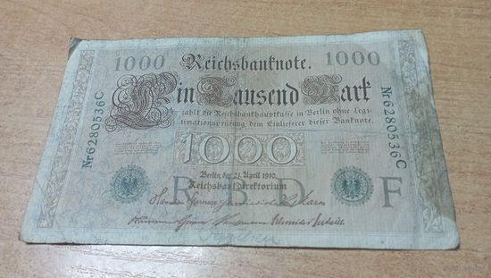 1000 марок 1910 года Германии 6280536 зелёный номер и печать