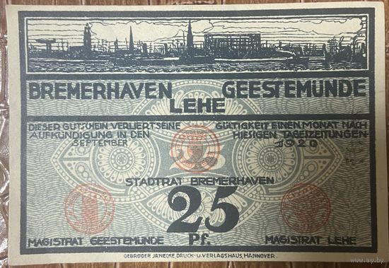 Нотгельд 25 пфеннигов 1920 год. Бремерхафен, Леэ и Гестемунд. Веймарская республика