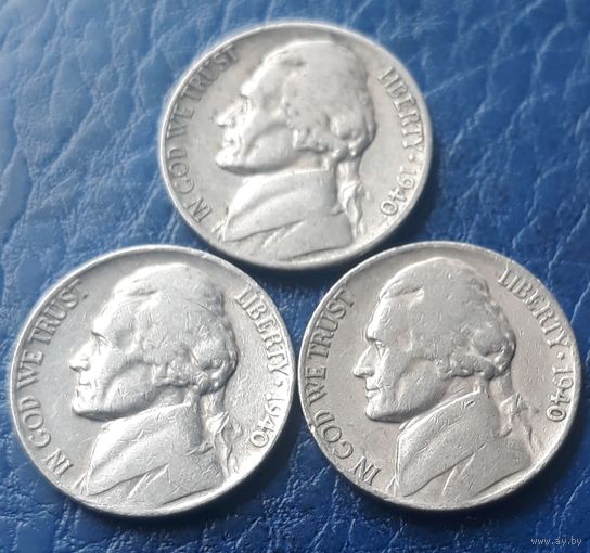 5 центов  1940 D P S США  все три МД 3 монеты