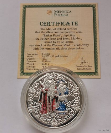1 доллар 2009 г. Дед Мороз и Снегурочка. Ниуэ. С рубля.