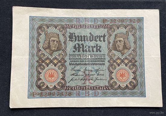 100 марок 1920 год / Германская Веймарская Республика, банкнота номер восемь знаков (1)