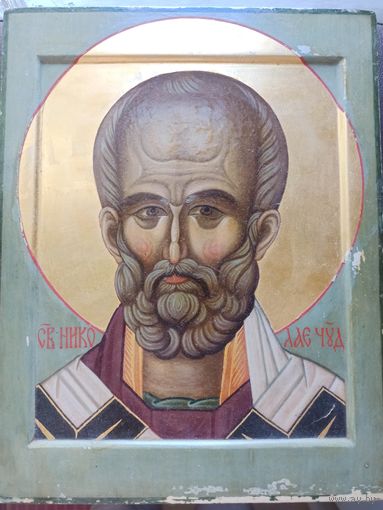 Икона Святителя Николая Архиепископа Мир Ликийских Чудотворца. Оплечный образ. Письмо. 28 на 22 см. 70-е годы прошлого века.