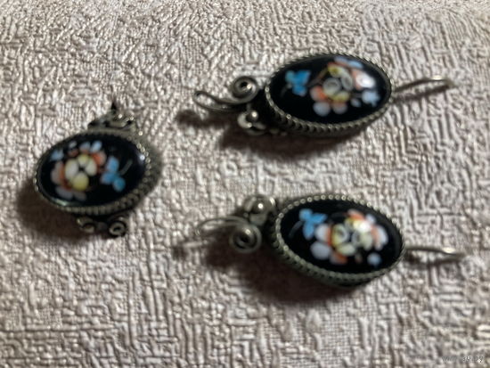 Кольцо + Серьги Черная финифть СССР