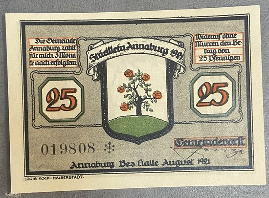 Нотгельд 25 пфеннигов 1921 год. Аннабург,. Веймарская республика