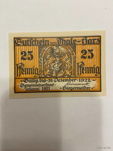 Нотгельд 25 пфеннигов 1921 год. Таль Харц. Веймарская республика - 2201
