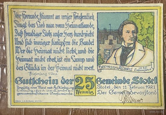 Нодгельд 25 пфеннигов 1921 год. Штотель. Веймарская республика