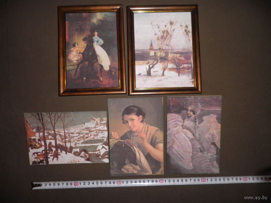 Саврасов,Брюллов,Врубель,Тропинин,реп родукции(ткань дублирована на картон)в рамках.Новое!С рубля.