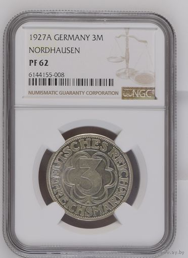 Германия.Веймарская республика. 3 марки 1927 A. слаб NGC PF62