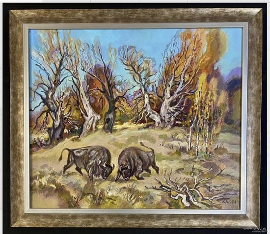 Поплавский Г.Г. Каталожная работа "Осенняя пора.Схватка великанов", 2004г. Холст, акрил. Размер 55х65 см.