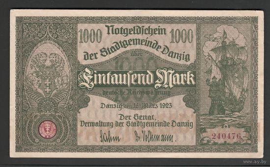 Данциг 1000 марок 1923 года. Тип Р-16. Состояние XF+