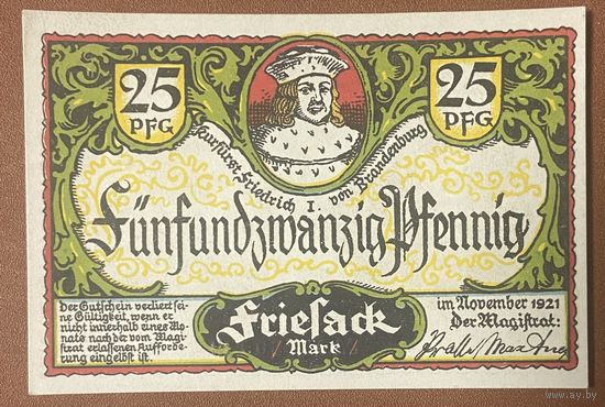 Нотгельд 25 пфеннигов 1921 год. Фризак. Веймарская республика