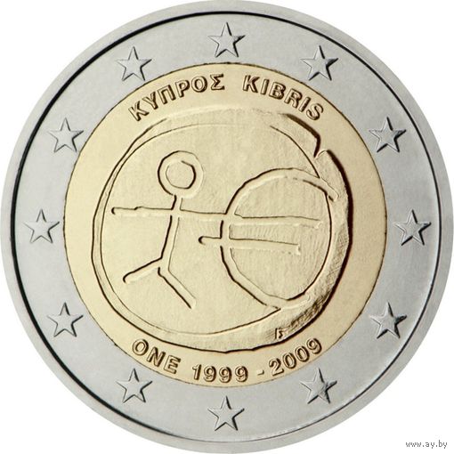 2 евро 2009 Кипр 10 лет монетарной политики ЕС UNC из ролла