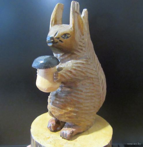 Белка Гриб Игрушка Вырезанная Дерево Ручная Работа Handmade Клеймо 2009 год