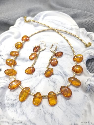 Сет колье-бусы и серьги из натурального медового янтаря