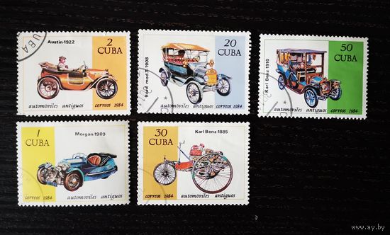 Куба, 1984 г. Ретро-автомобили. 5 марок из серии. Гаш.