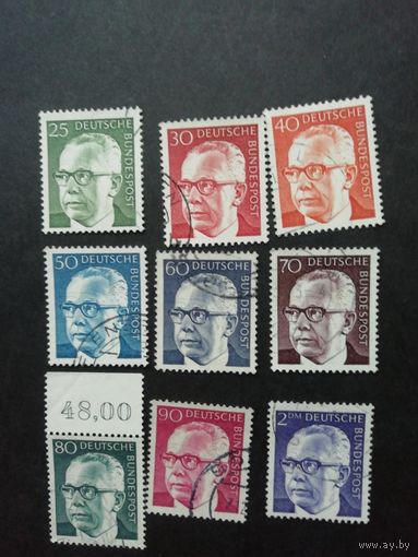 ФРГ 1971 Девять марок из серии "Стандарт. Густав Хайнеман, Федеральный президент ФРГ" (гашеные без клея) Мi.638-643, 645, 689-690 каталог 4.20 евро