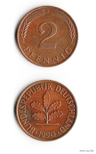 2 пфеннига Германия 1990 года(J)