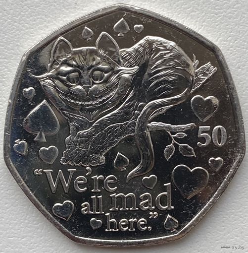 Остров Мэн 50 пенсов 2021 г. Приключения Алисы в Стране чудес. Чеширский кот