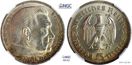 5 рейхсмарок 1935 г. А. ПАУЛЬ ГИНДЕНБУРГ. Германия. NGC MS 63. Серебро. КМ# 86