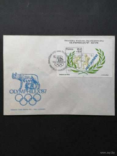 Польша 1987 КПД с блоком Mi.104 и маркой "Международная филателистическая выставка "OLYMPHILEX-87" в Риме" (спецгашение) Mi.3112 каталог 1.50 евро