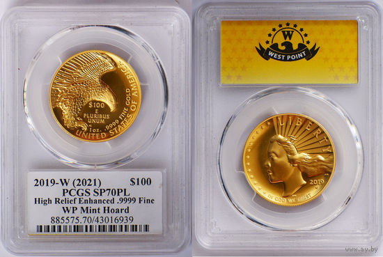 100 долларов 2019 г. Американская свобода. США. PCGS SP70PL. Золото. Золото. KM# 710.