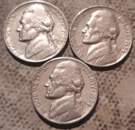 5 центов  1954 P D S США Джеферсон 3 монеты