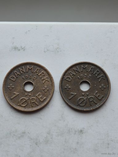 Сборный лот 1 эре 1930,1932 годов Дания. Лот состоит из 2-х монет. Монеты не чищены. 45208