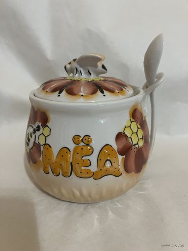 Горшок для мёда с ложкой, живопись. ДФЗ
