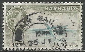 Барбадос. Королева Елизавета II. Летающая рыба. 1953г. Mi#210.