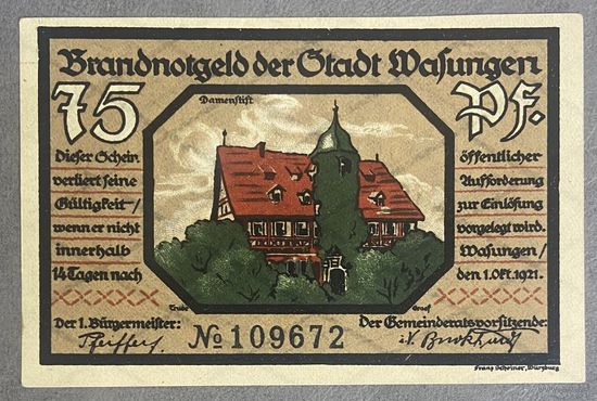 Нотгельд Вазунген 75 пфеннигов 1921 год. Веймарская республика