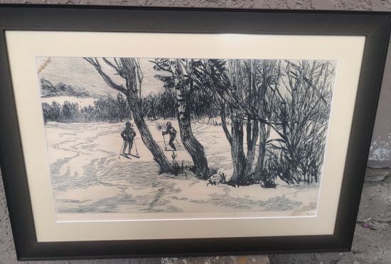 Герус Семён Петрович.. Гравюра. Зима . на лыжах.