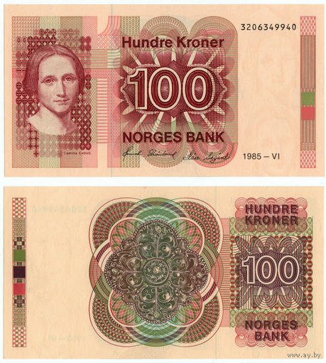 НОРВЕГИЯ 100 Крон 1985 г., P-43c (Камилла Коллетт - Норвежская писательница) UNC