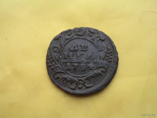 Денга 1734 ровная бирюзовая патина, рельеф без МЦ