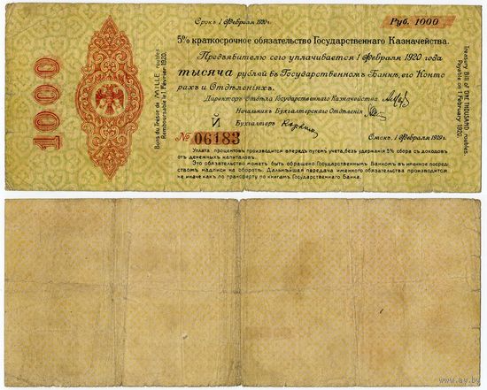 Россия (Омск). 1000 рублей (образца 01.02.1919 года, S844a, слово Конторахъ с переносом)
