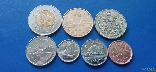 Сборный лот 2 доллара,1 доллар,50,25,10,5 и 1 центы Канады (Состояние на фото)