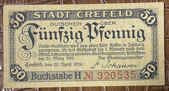 Нотгельд 50 пфеннигов 1920 год. Крефельд. Веймарская республика
