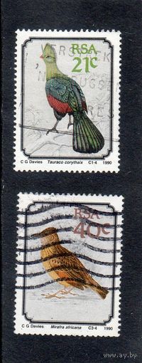 ЮАР. Mi:ZA 800,801. Найсна Турако (Tauraco corythaix),Красношапочная малиновка (Cossypha natalensis). Птицы Южной Африки.1990