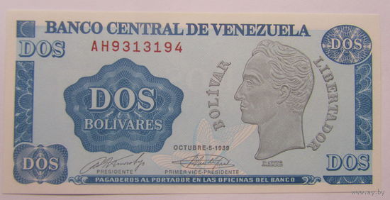 Венесуэла 2 боливара 1989 г UNC.
