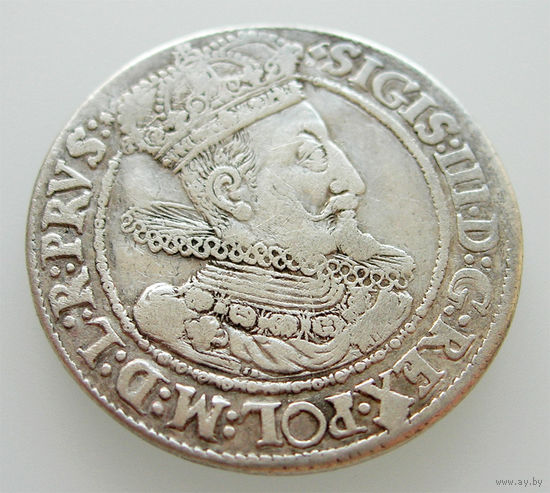 Орт (1/4 талера) 1616 SA, Сигизмунд III Ваза, Гданьск. Ав - портрет короля с широким воротником, окончание легенды R:PRVS:*